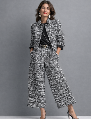 Women's black-and-white tweed blazer and wide-leg pants set, gold buckle detail