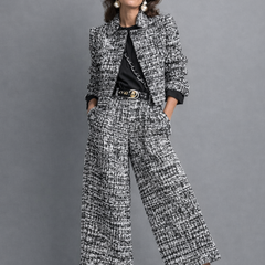 Sleek tweed set with blazer and wide-leg trousers, black-and-white with gold belt