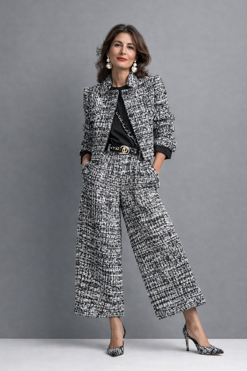 Sleek tweed set with blazer and wide-leg trousers, black-and-white with gold belt