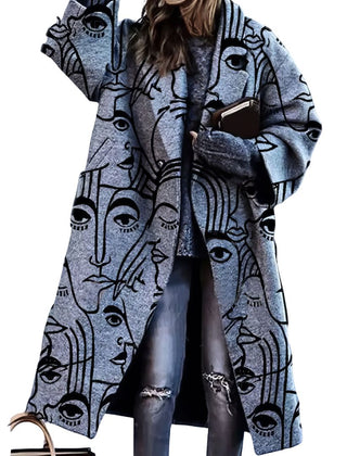 Oversized long coat with gray line-art faces pattern, button front and wide collar
