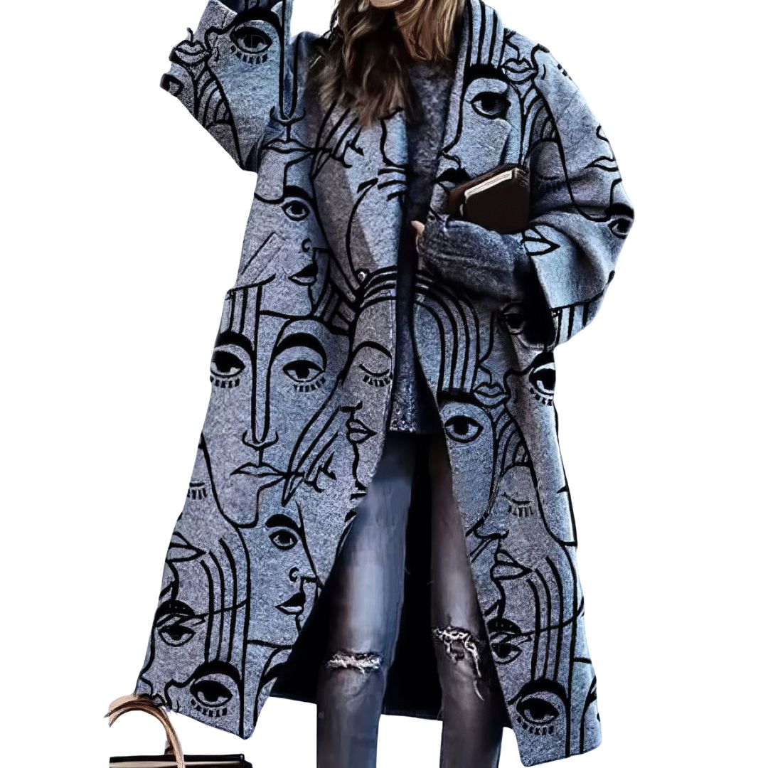 Oversized long coat with gray line-art faces pattern, button front and wide collar