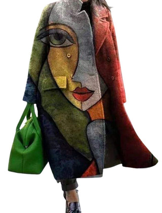 Oversized long coat with face portrait art print, button front and wide lapels