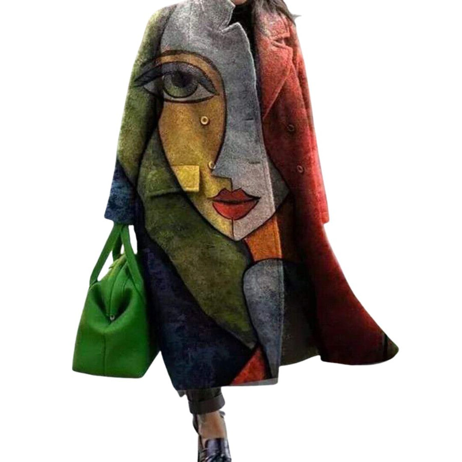 Oversized long coat with face portrait art print, button front and wide lapels