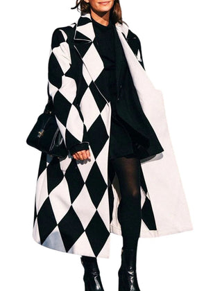 Oversized long coat with black-and-white diamond geometric pattern, open front