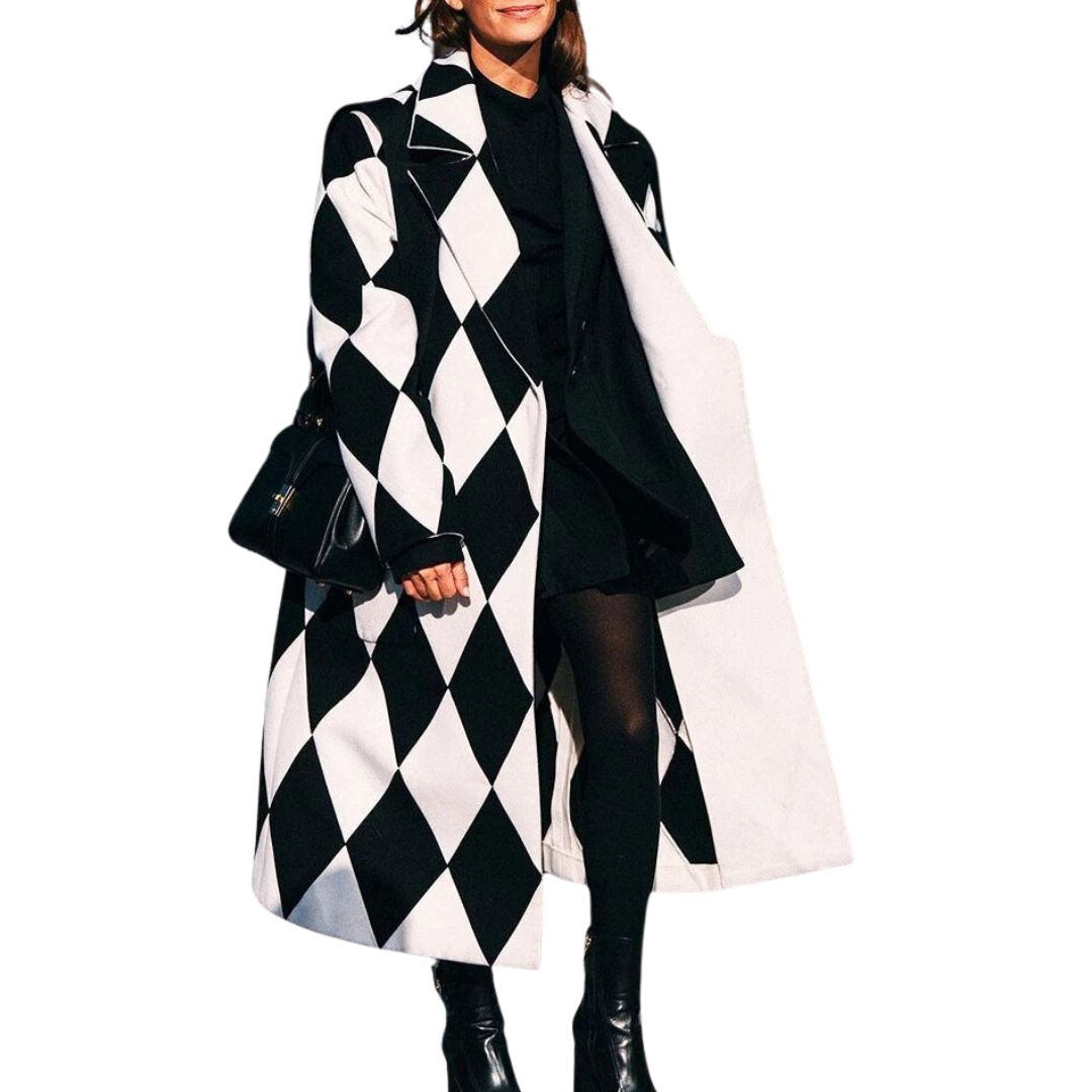 Oversized long coat with black-and-white diamond geometric pattern, open front