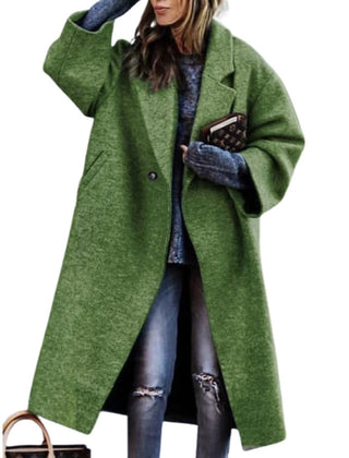 Oversized long green coat with textured melange fabric, button front and patch pockets