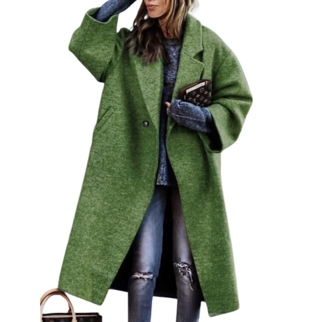 Oversized long green coat with textured melange fabric, button front and patch pockets