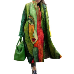 Oversized long green coat with colorful face portrait print, button front and wide lapels