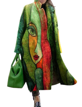 Oversized long green coat with colorful face portrait print, button front and wide lapels