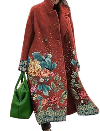 Oversized long burgundy coat with floral print hem and patterned cuffs, button front