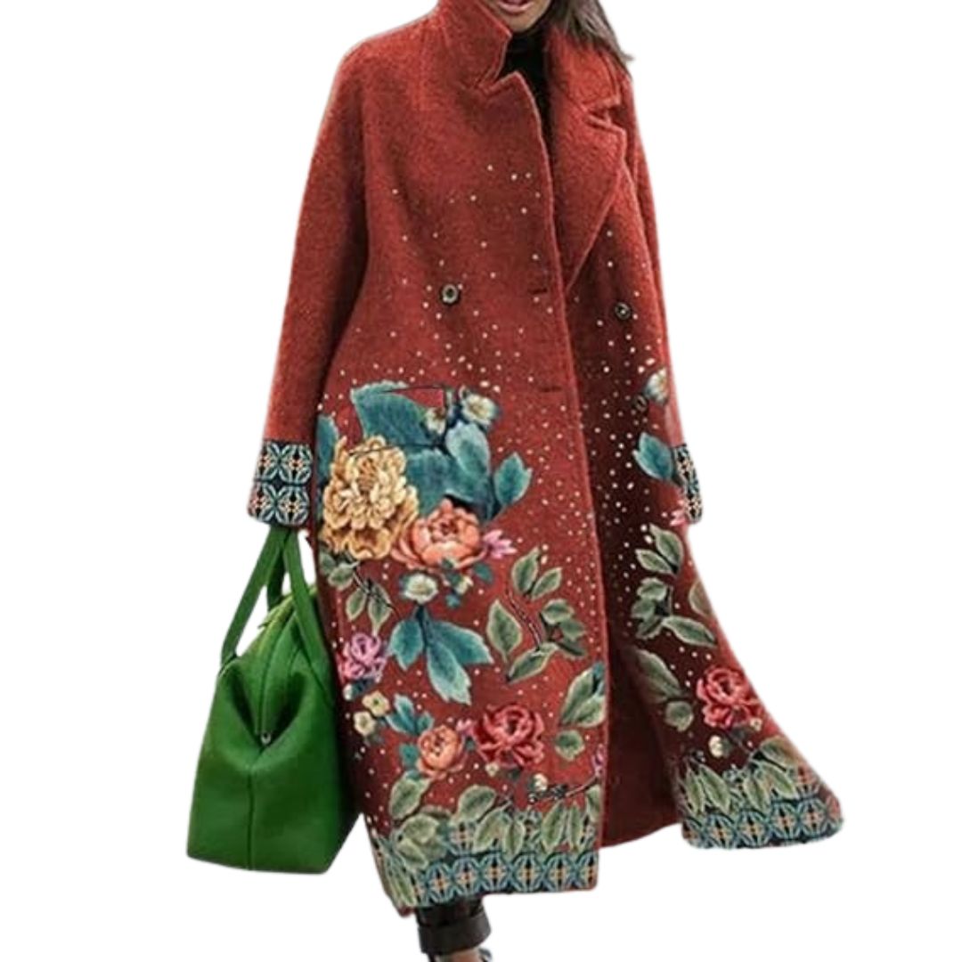 Oversized long burgundy coat with floral print hem and patterned cuffs, button front