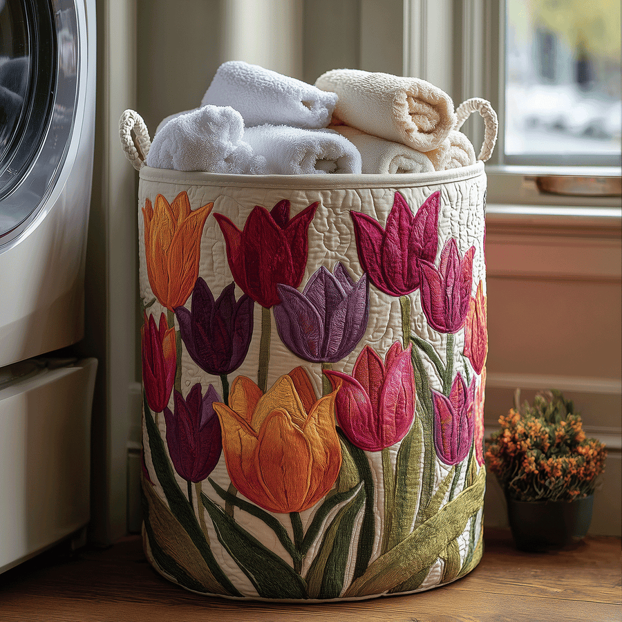 Tulip print laundry basket with fabric handles, multicolor tulip design