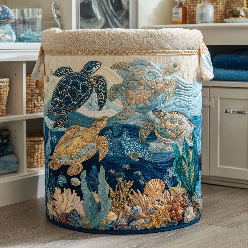 Shell Shine round fabric laundry basket with sea turtle and shell print, fabric lid.
