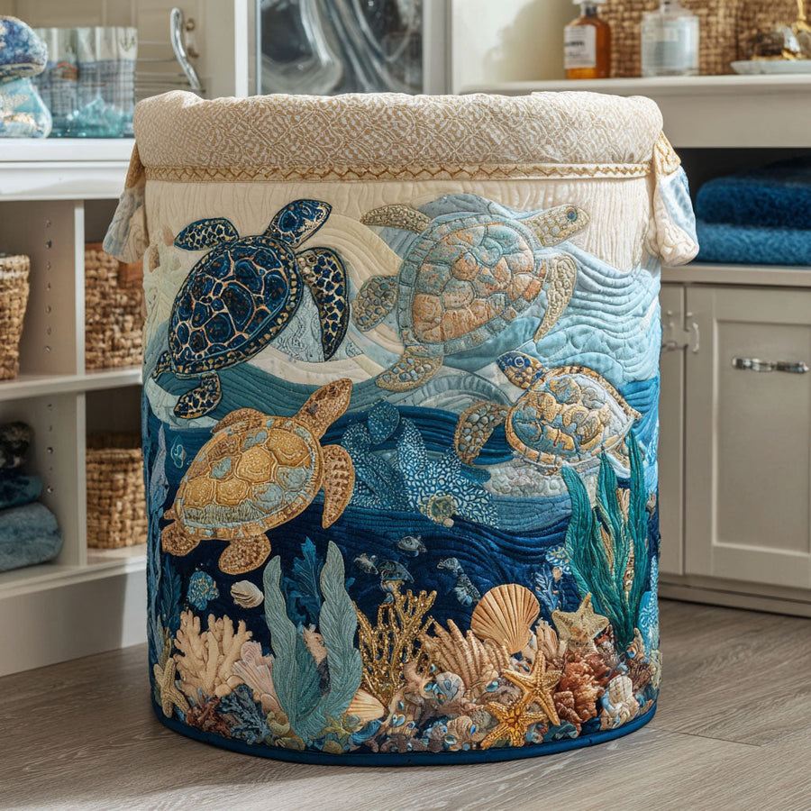 Shell Shine round fabric laundry basket with sea turtle and shell print, fabric lid.