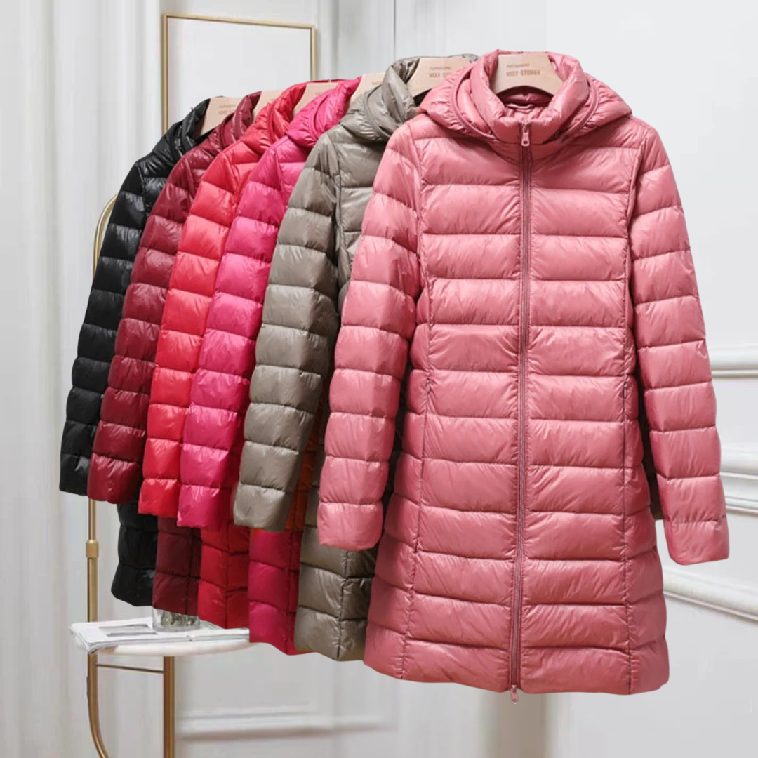 Hooded ultralight puffer down jackets in pink, red, gray, and black on display.