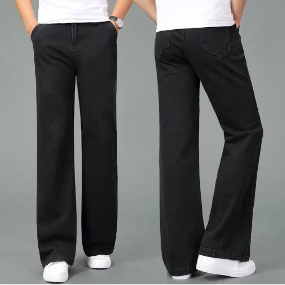 Black flare boot cut jeans with five-pocket styling and wide-leg silhouette