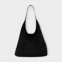 Black suede-style handbag with single top handle and open top