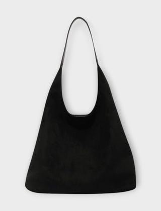 Black suede-style handbag with single top handle and open top