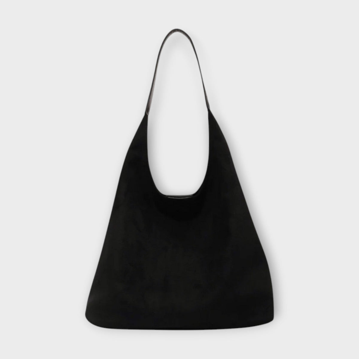 Black suede-style handbag with single top handle and open top