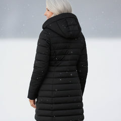 Black fleece-lined puffer coat with hood, front zip, and quilted padding