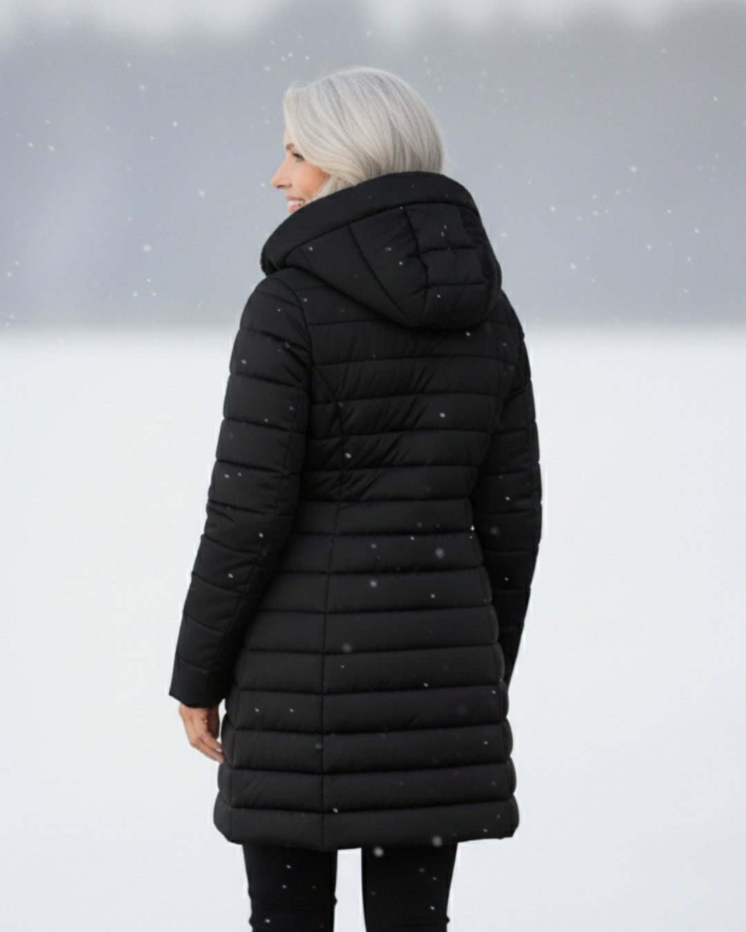 Black fleece-lined puffer coat with hood, front zip, and quilted padding