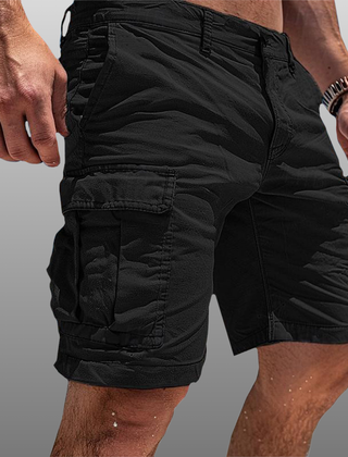 Black cargo shorts with drawstring waist and front flap pockets