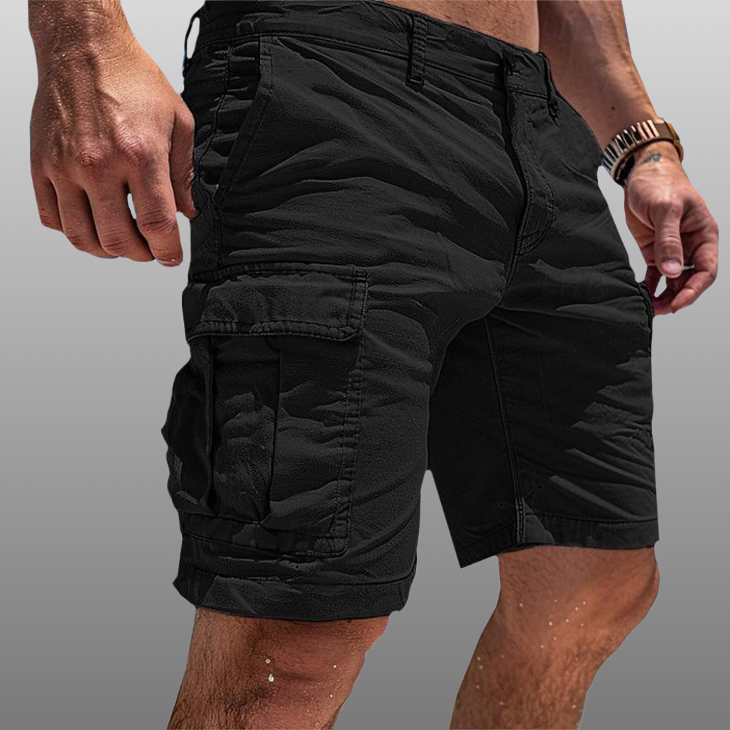 Black cargo shorts with drawstring waist and front flap pockets