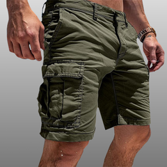 Green cargo shorts with drawstring waist and front flap pockets