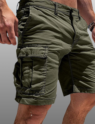 Green cargo shorts with drawstring waist and front flap pockets