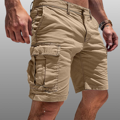 Beige cargo shorts with drawstring waist, front zip, and flap pockets