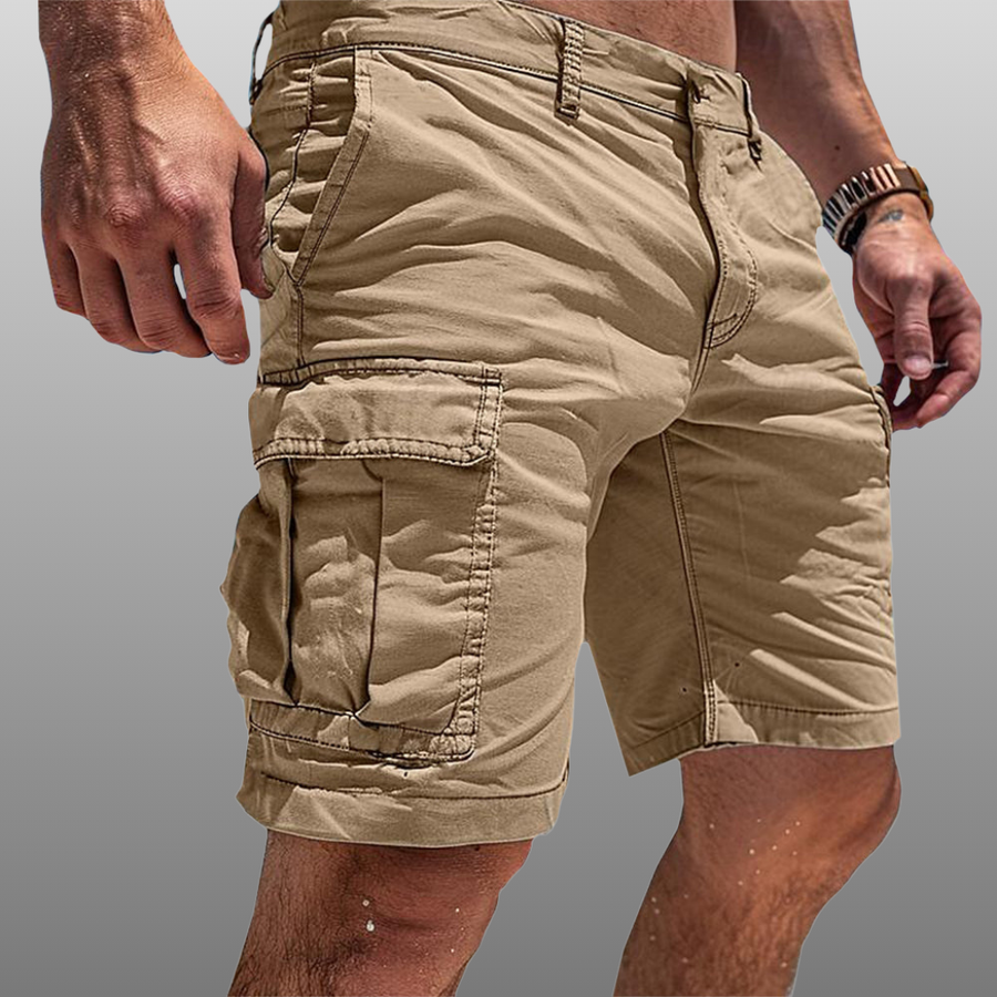Beige cargo shorts with drawstring waist, front zip, and flap pockets