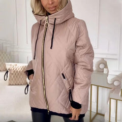Pink quilted hooded parka with front zipper and drawstring hood, side pockets