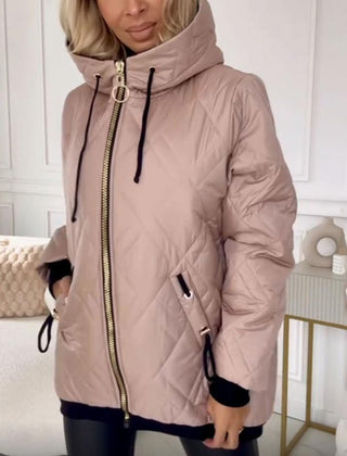 Pink quilted hooded parka with front zipper and drawstring hood, side pockets