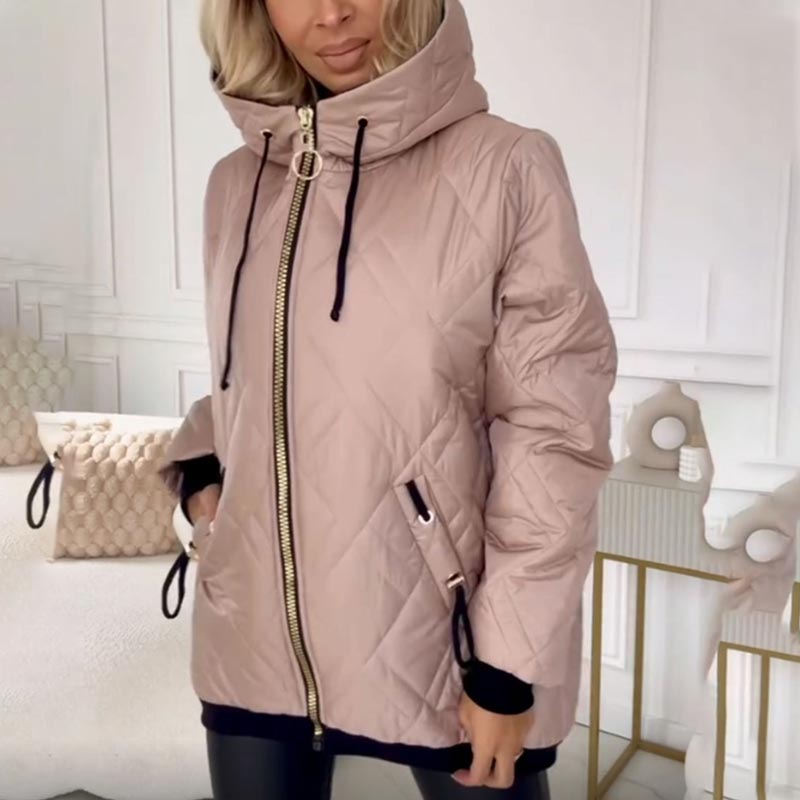 Pink quilted hooded parka with front zipper and drawstring hood, side pockets