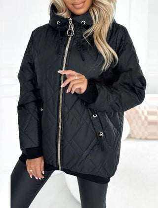 Black quilted hooded parka with front zipper and drawstring hood, side pockets