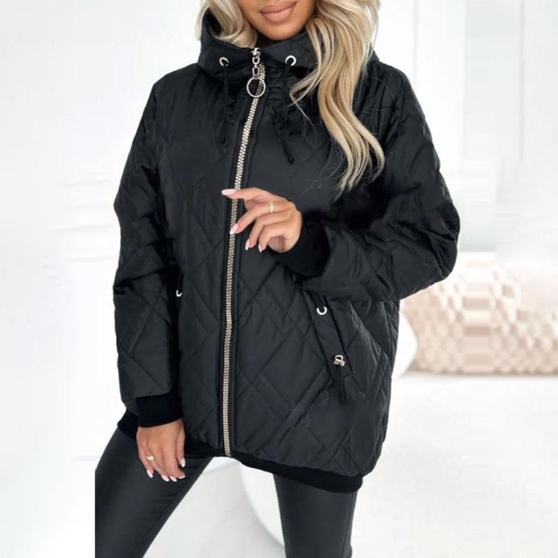 Black quilted hooded parka with front zipper and drawstring hood, side pockets
