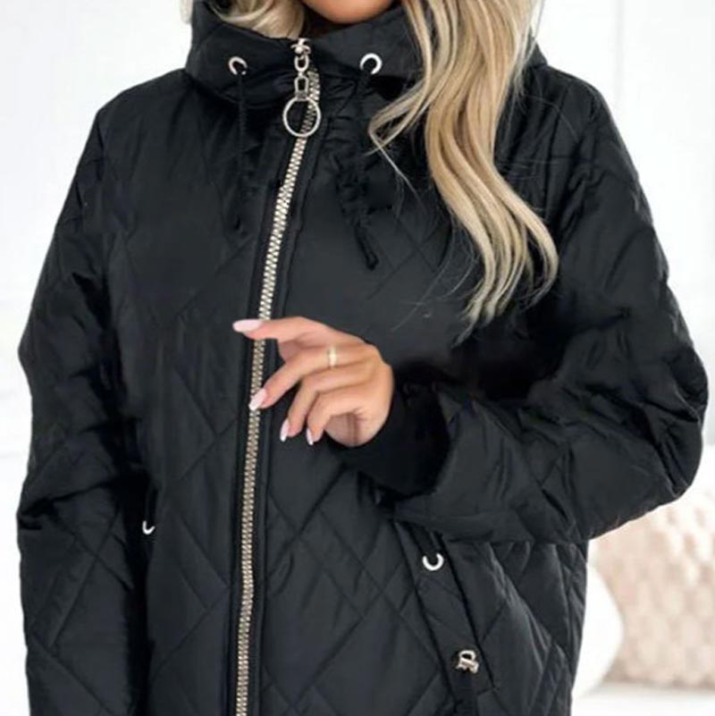 Black quilted hooded parka with front zipper and drawstring hood, metal zipper pull