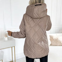 Pink quilted hooded parka with front zipper and drawstring hood, standing collar