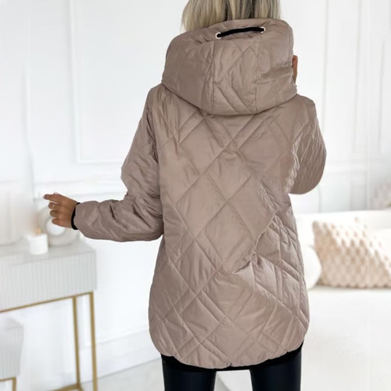 Pink quilted hooded parka with front zipper and drawstring hood, standing collar
