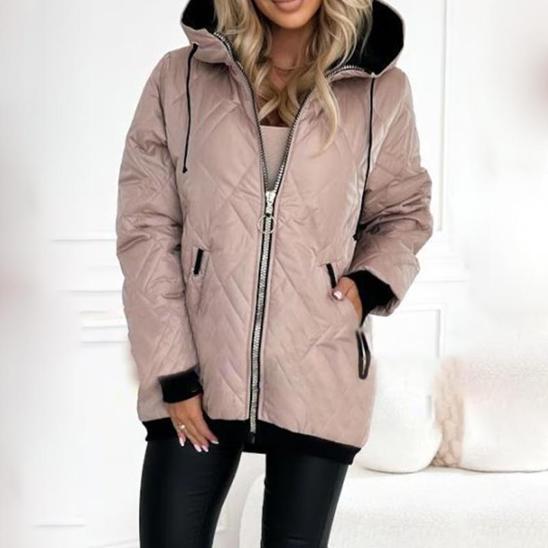 Pink quilted hooded parka with front zipper, drawstring hood, and long sleeves