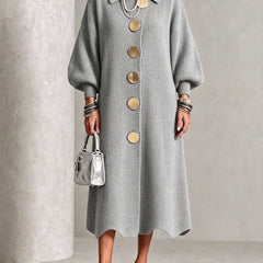 Gray knit button-front midi dress with round neck, puff sleeves, and gold button trim