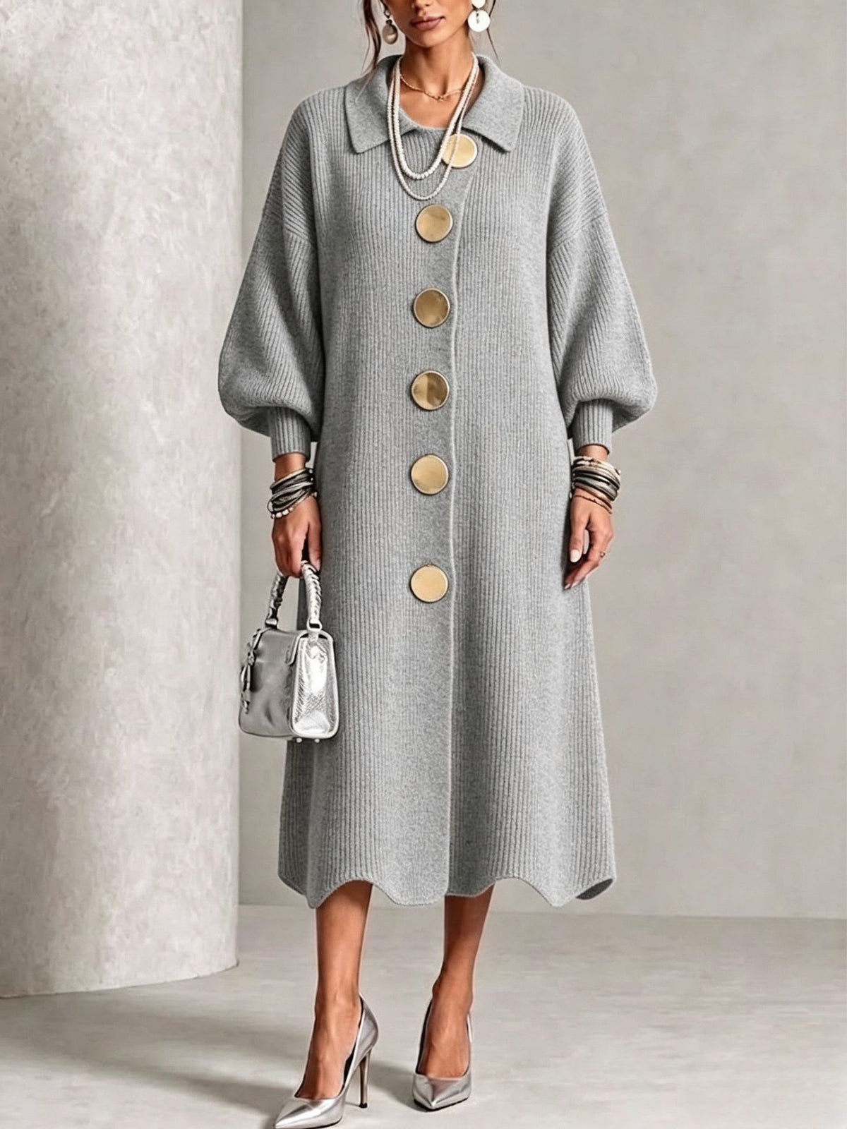 Gray knit button-front midi dress with round neck, puff sleeves, and gold button trim