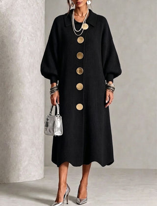 Black knit button-front midi dress with round neck, puff sleeves, and gold buttons