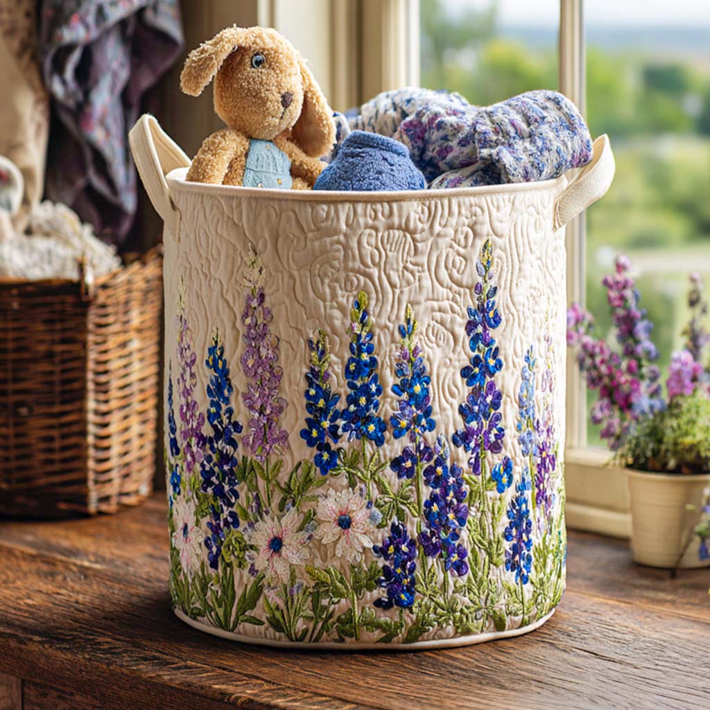 Floral laundry basket with blue and purple wildflower print, open top with plush stuffed toy