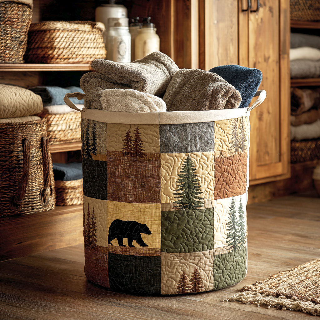 Woodland patch laundry basket with fabric handles, tree and bear patchwork panels