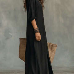 Black button-front maxi dress, three-quarter sleeves, side slit, worn open V-neck