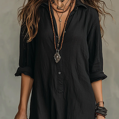 Black button-front maxi dress with V-neck and three-quarter sleeves, front button placket