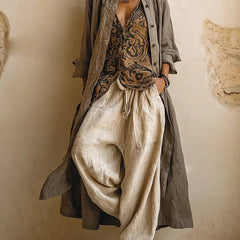Layered three-piece set: patterned tunic, olive shirt layer, linen drawstring pants