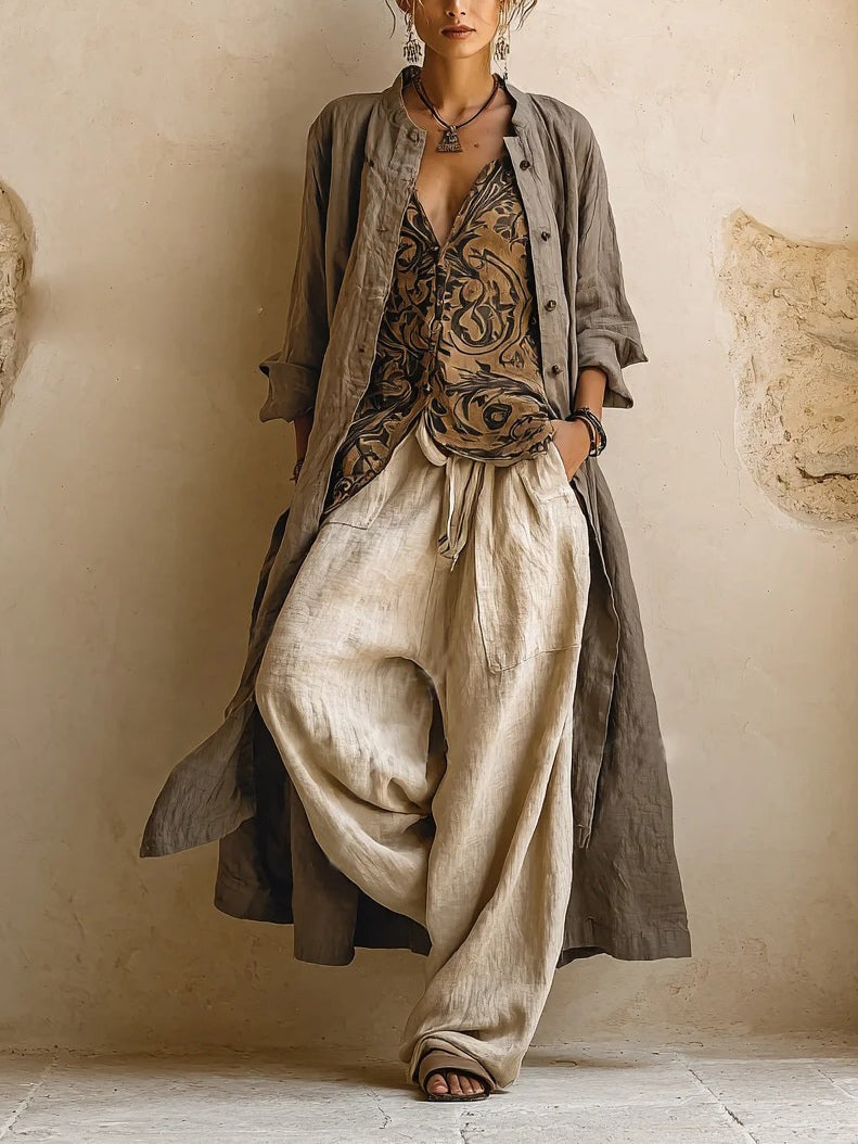 Layered three-piece set: patterned tunic, olive shirt layer, linen drawstring pants