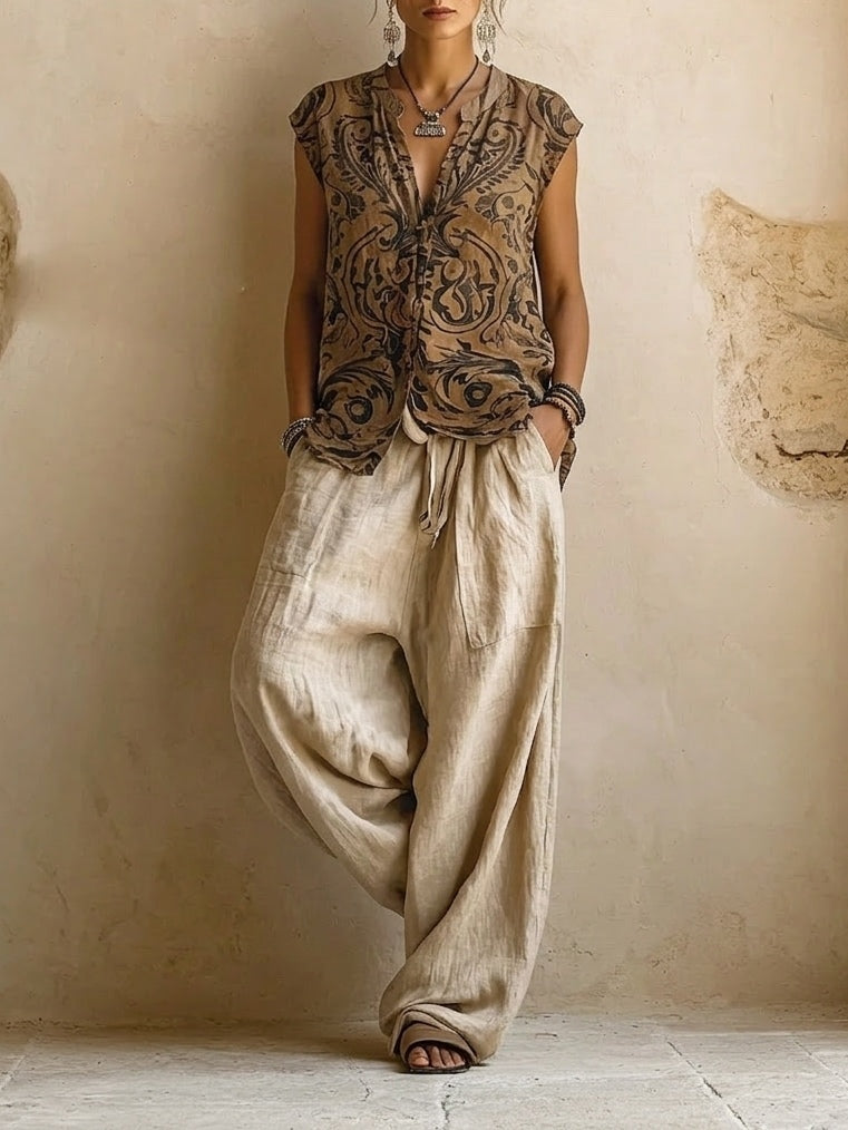 Layered three-piece set: sleeveless patterned vest and linen drawstring pants